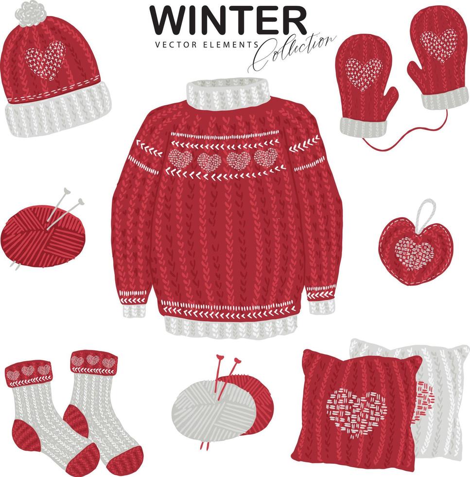 Set-Vektor-Illustration. Strickwerkzeuge, Garn, Pullover, Winterkleidung und Kissen vektor