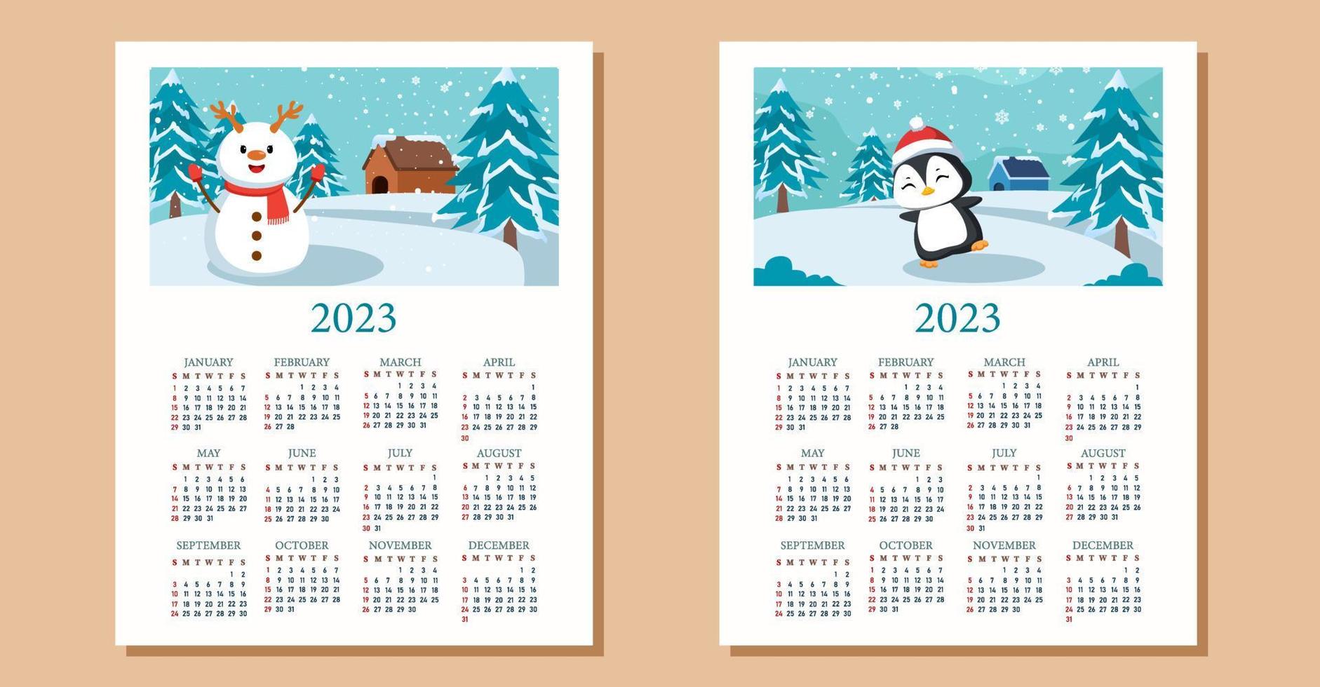 2023 kalender mall med söt djur- tecknad serie vektor