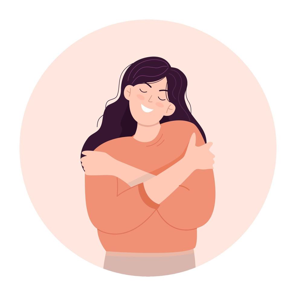 Frau umarmt sich. dich selbst lieben. Liebe dein Körperkonzept. Hautpflege im Gesundheitswesen für Mädchen. nimm dir zeit für dich. Vektor-Illustration. vektor