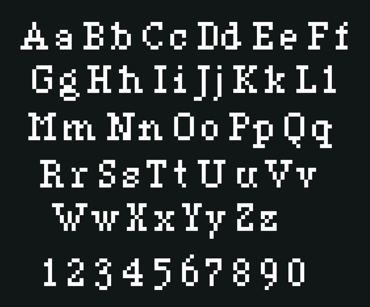 pixel alfabet brev och skiljetecken märken. modern eleganta font eller typsnitt för rubrik i stil av 80 s retro video spel, årgång dator typografi. vektor