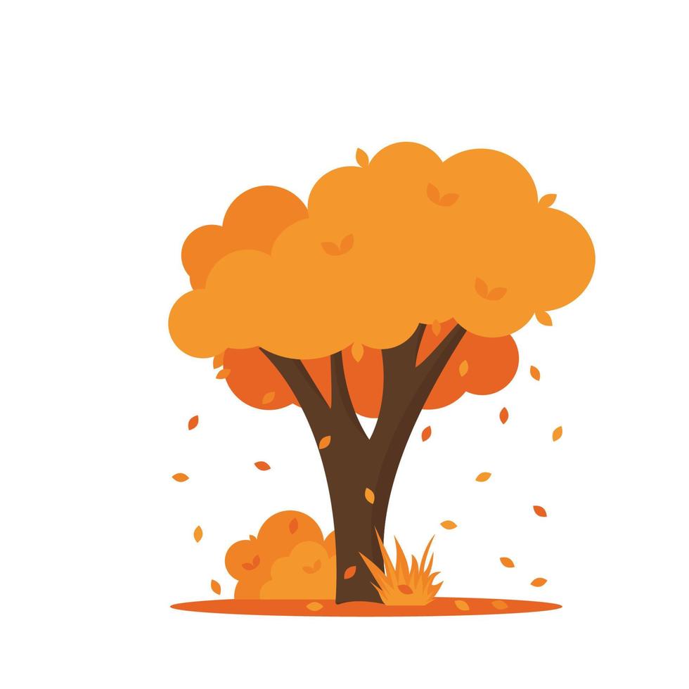 bunte Herbstbäume. karikatur gelb orange fallbaum und herbstliche gartenbuschikone mit herbstjahreszeitgoldblättern für stadtpark und waldlandschaftshintergrundvektor lokalisiertes symbol vektor