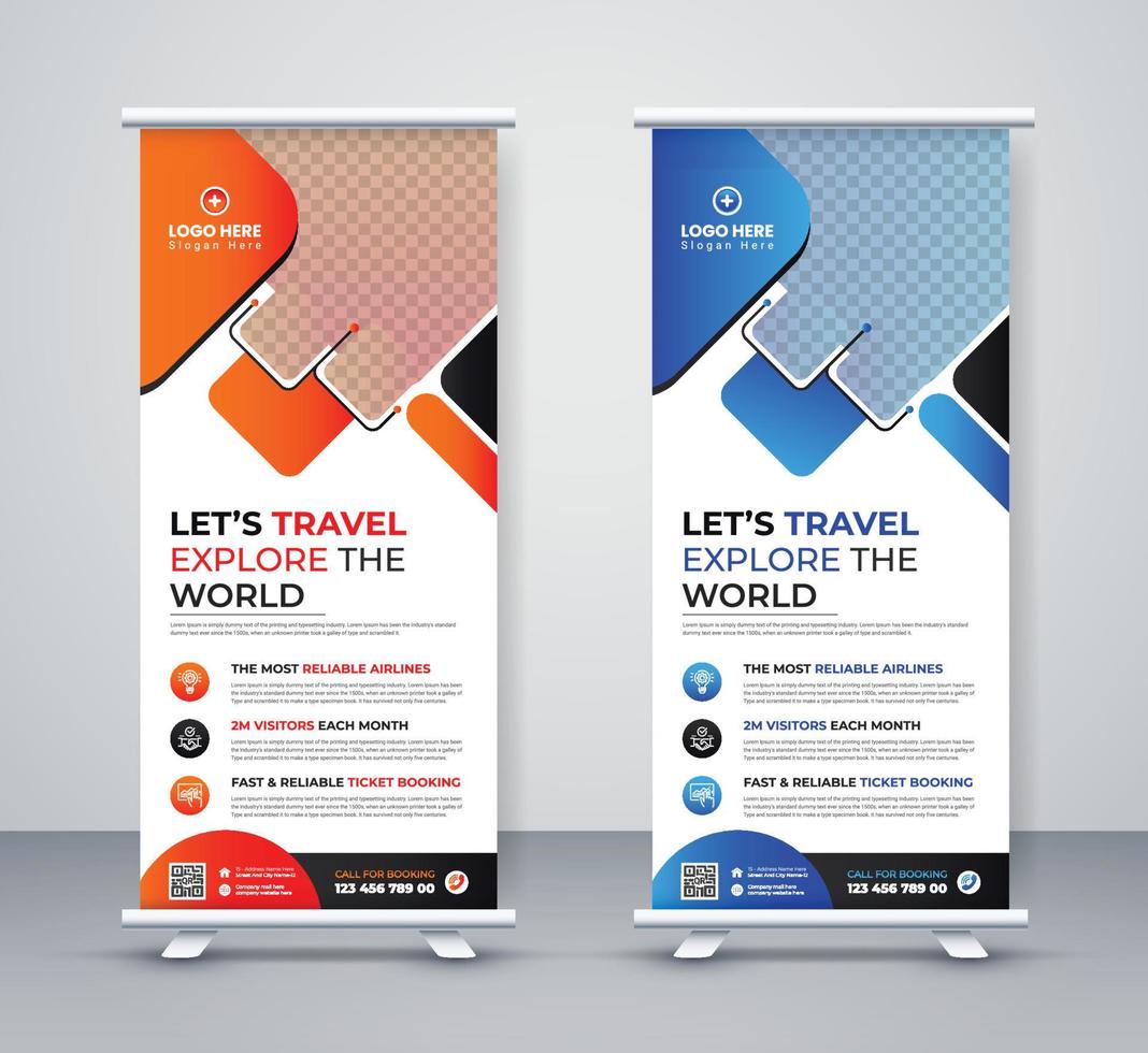 Reisebüro-Rollup-Banner, moderner Tour-Business-Firmenstand und X-Banner-Banner-Design vektor