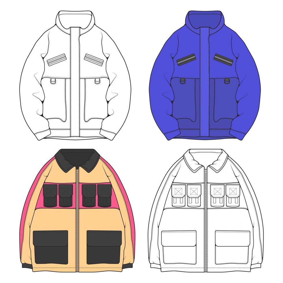 Windjacke technische Modeillustration, lange Ärmel, Paspeltaschen. Skizzenjacke mit Vorlage vorne vektor