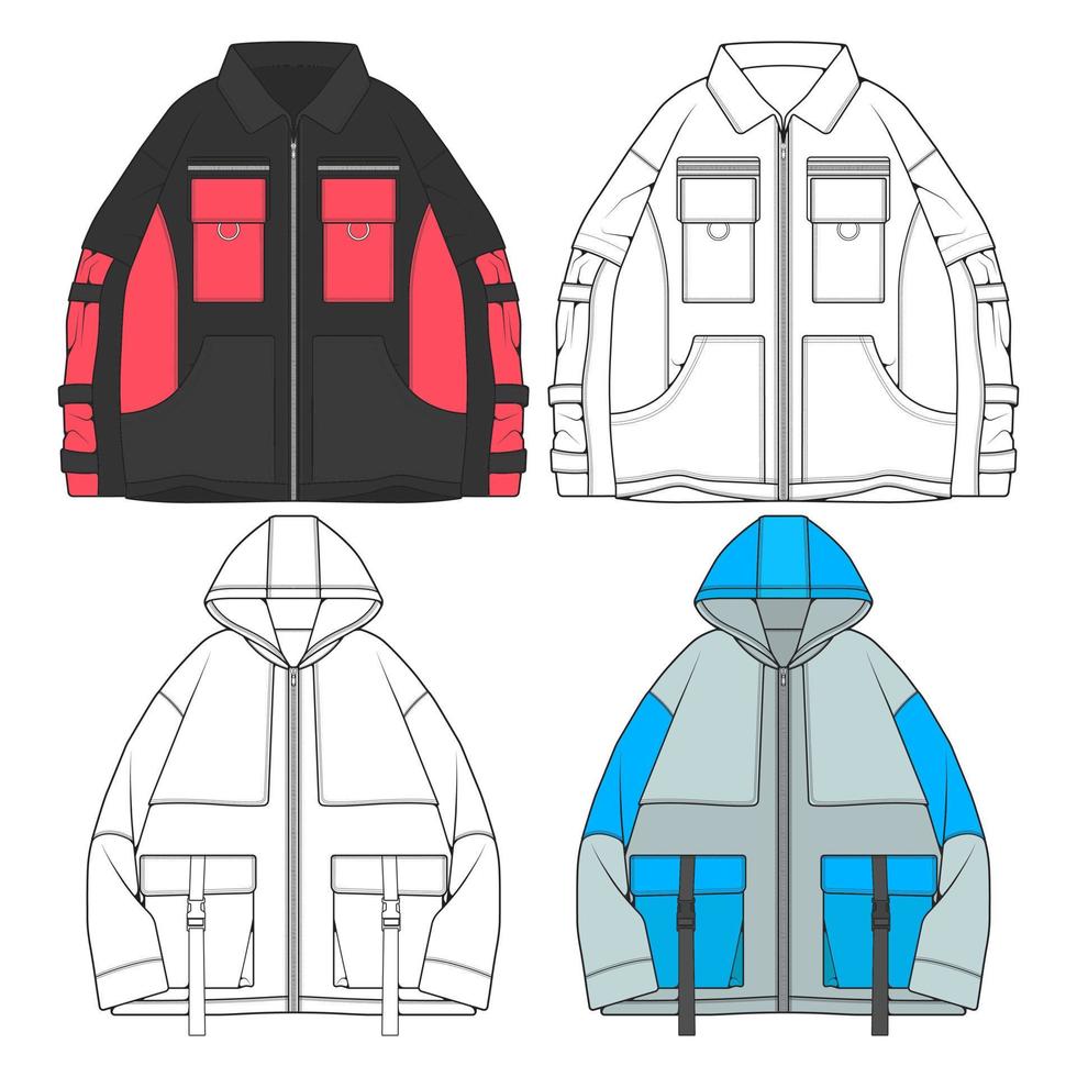 vindjacka jacka teknisk mode illustration, lång ärmar, bård fickor. mall främre skiss jacka vektor