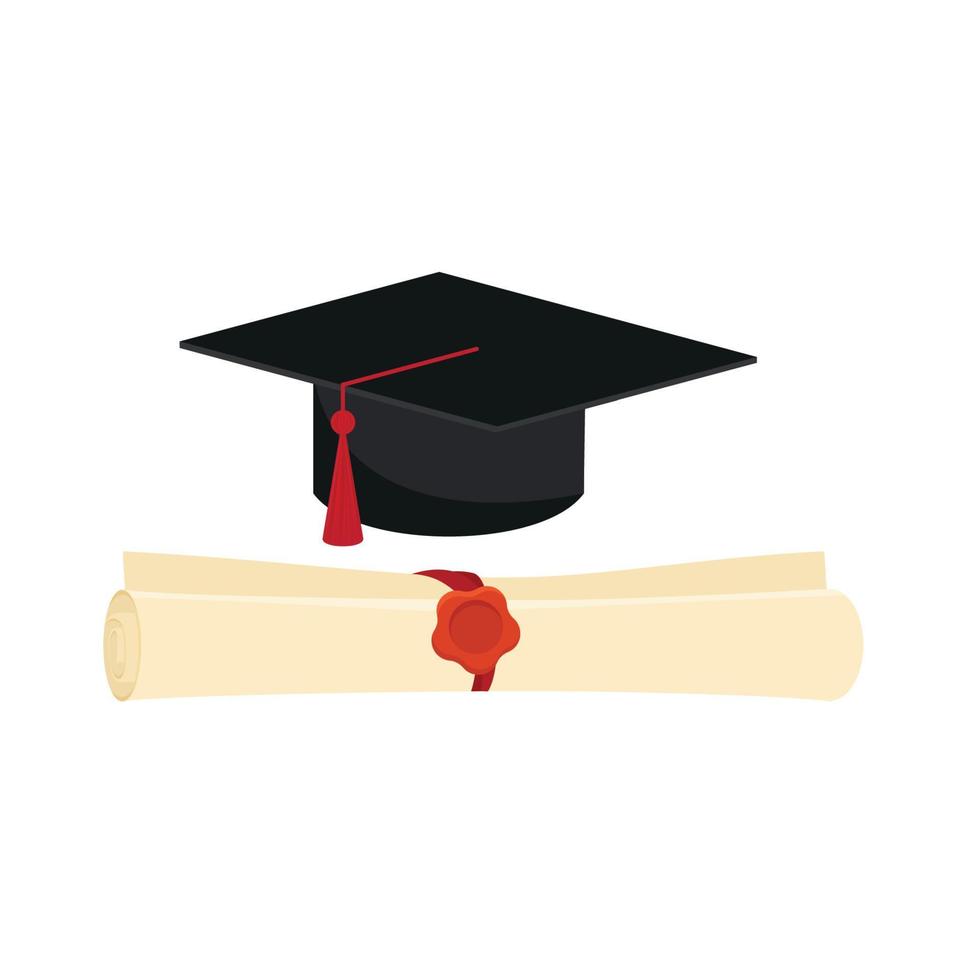 realistisk gradering keps och diplom skrolla isolerat på vit bakgrund. akademisk hatt med tofs och universitet grad certifikat. vektor illustration för meddelande, baner, affisch, flygblad, annons.