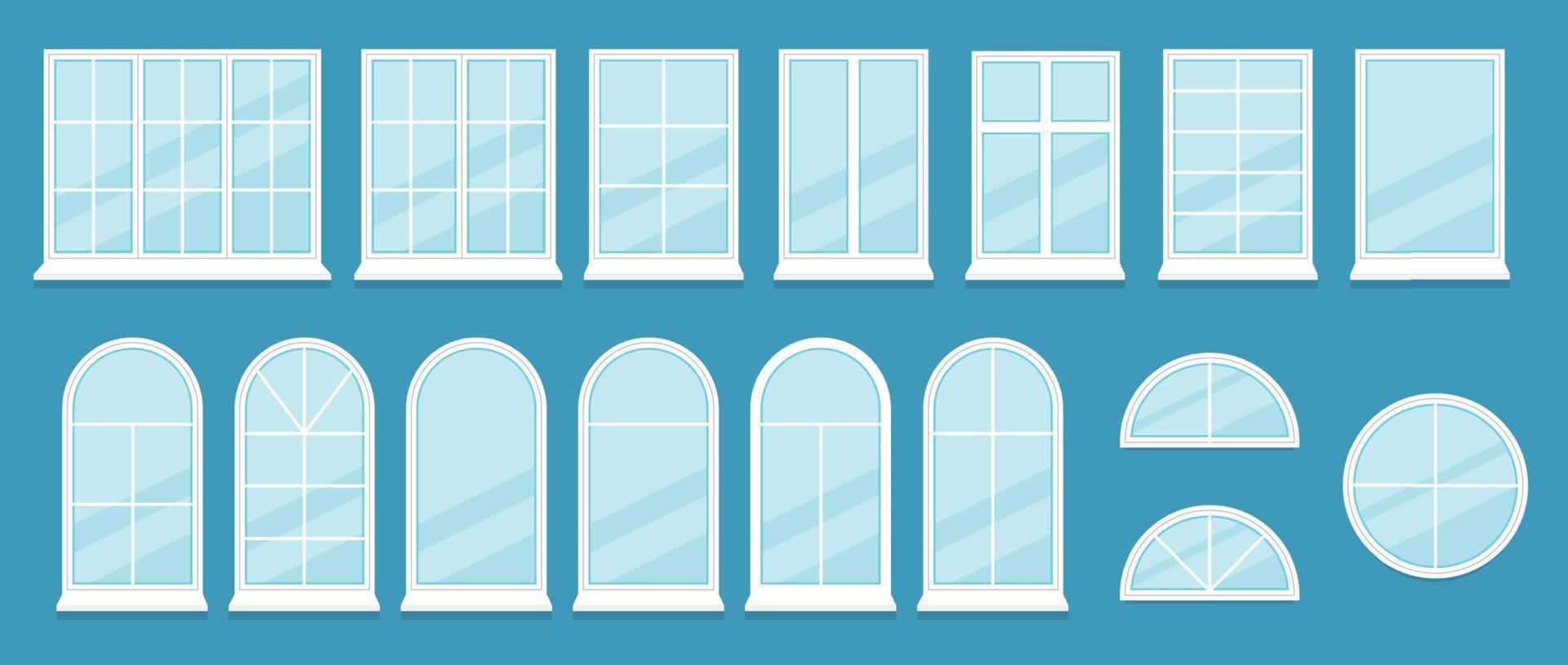 satz realistischer glastransparenter kunststofffenster mit fensterbänken, schärpen. weiß Haus-, Bürofenster, ein-, zwei-, drei-, fünfteilig, Rollo, Griff zum Verstellen. Vektor-Illustration. vektor