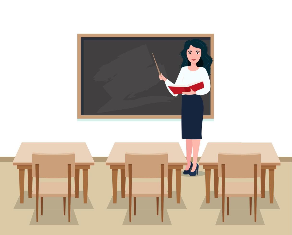 kvinna lärare i klassrum. leende kvinna lärare stående förbi svarta tavlan eller svarta tavlan i de klassrum. skola och inlärning begrepp, lärare s dag. vektor