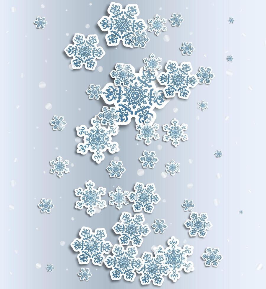 jul hälsning kort med typ design och dekorationer på de snöig blå bakgrund. vektor illustration.