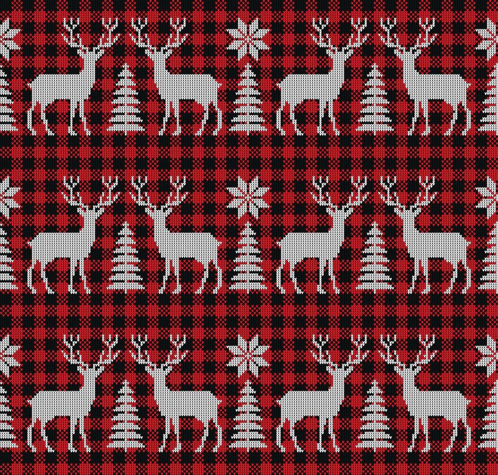 ful Tröja på buffel pläd glad jul och Lycklig ny år hälsning kort ram gräns . illustration stickat bakgrund sömlös mönster med folk stil scandinavian ornament. vektor