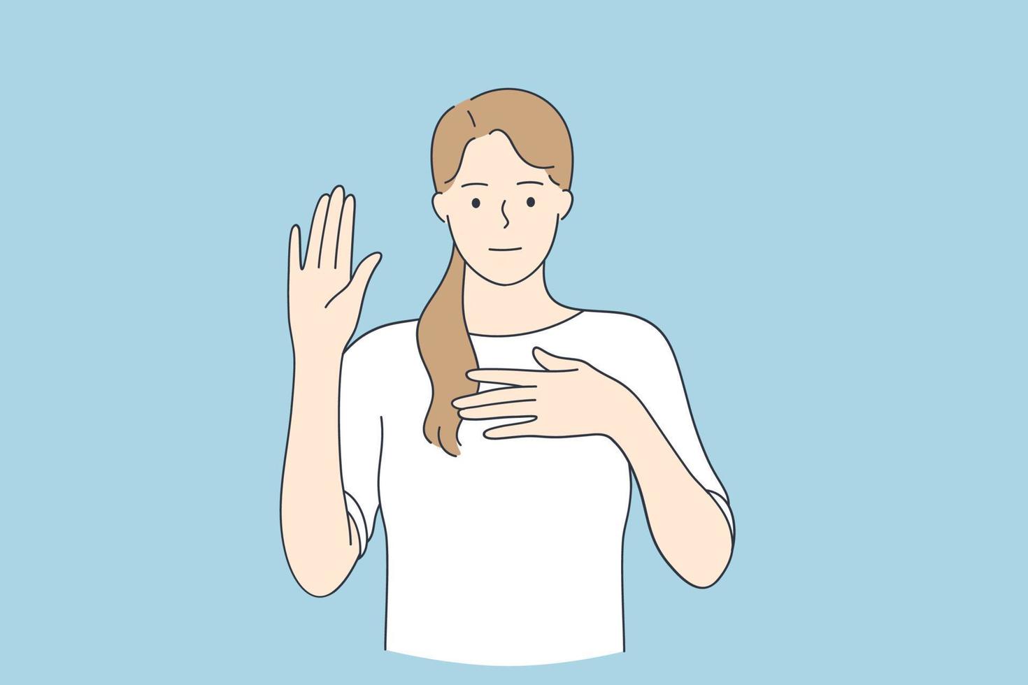 Loyalitätsversprechen Eideskonzept. Zeichentrickfigur der jungen Frau, die legere Kleidung trägt und mit der Hand auf der Brust und offener Handflächenvektorillustration flucht vektor