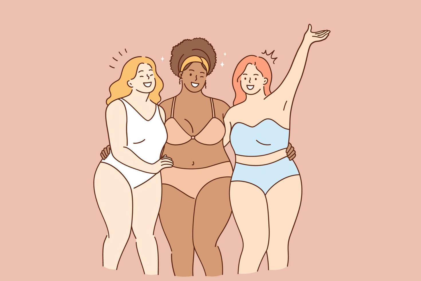 kropp godkännande, kropp positivitet och mångfald begrepp. grupp av 3 leende Lycklig oversize kvinnor Framställ i bikini och känsla självsäker och positiv vektor illustration