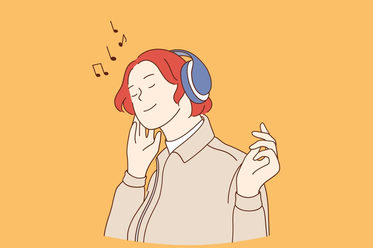 lyssnande till musik livsstil begrepp. ung Lycklig röd håriga kvinna tecknad serie karaktär i hörlurar lyssnande till musik med ögon stängd vektor illustration