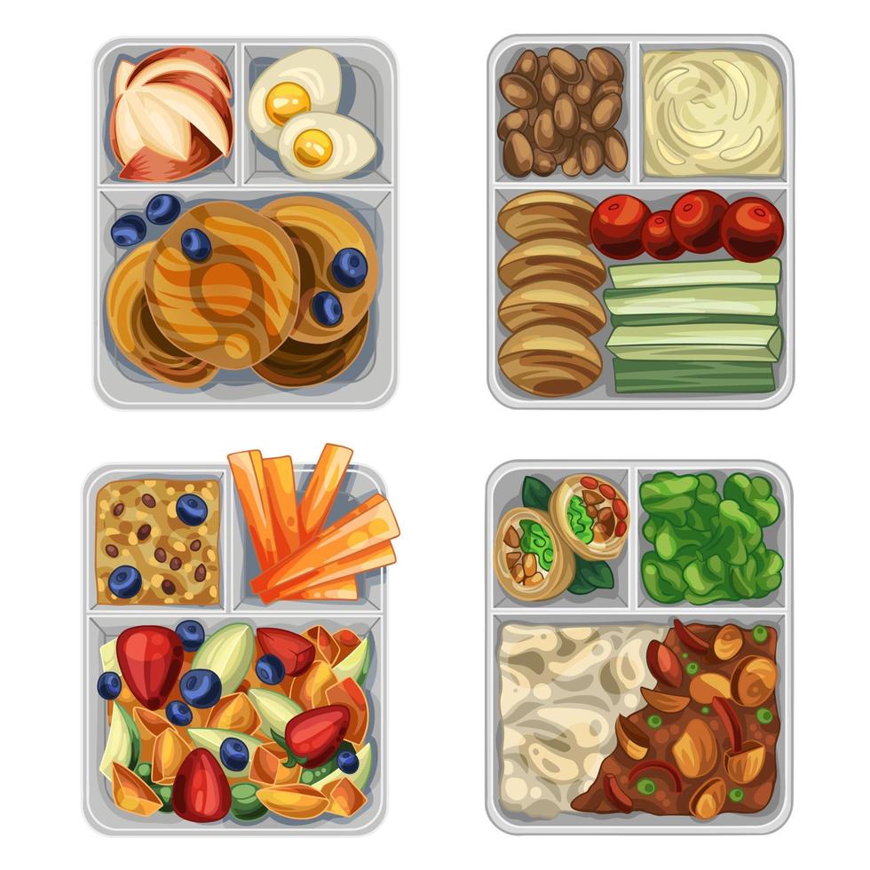 en uppsättning av lunchlådor för en full och friska mellanmål. med grönsaker, bär och kolhydrater vektor