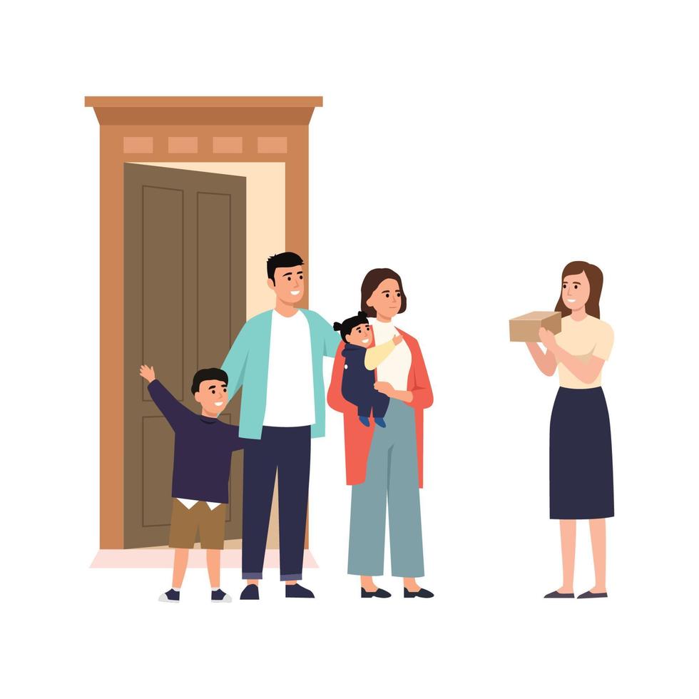 öffnendes haustürkonzept der landingpage mit familie willkommener nachbar zu hause zusammen. glückliche kinder und papa treffen sich mit freunden am hauseingang und geben geschenke. flache vektorillustration der karikatur vektor