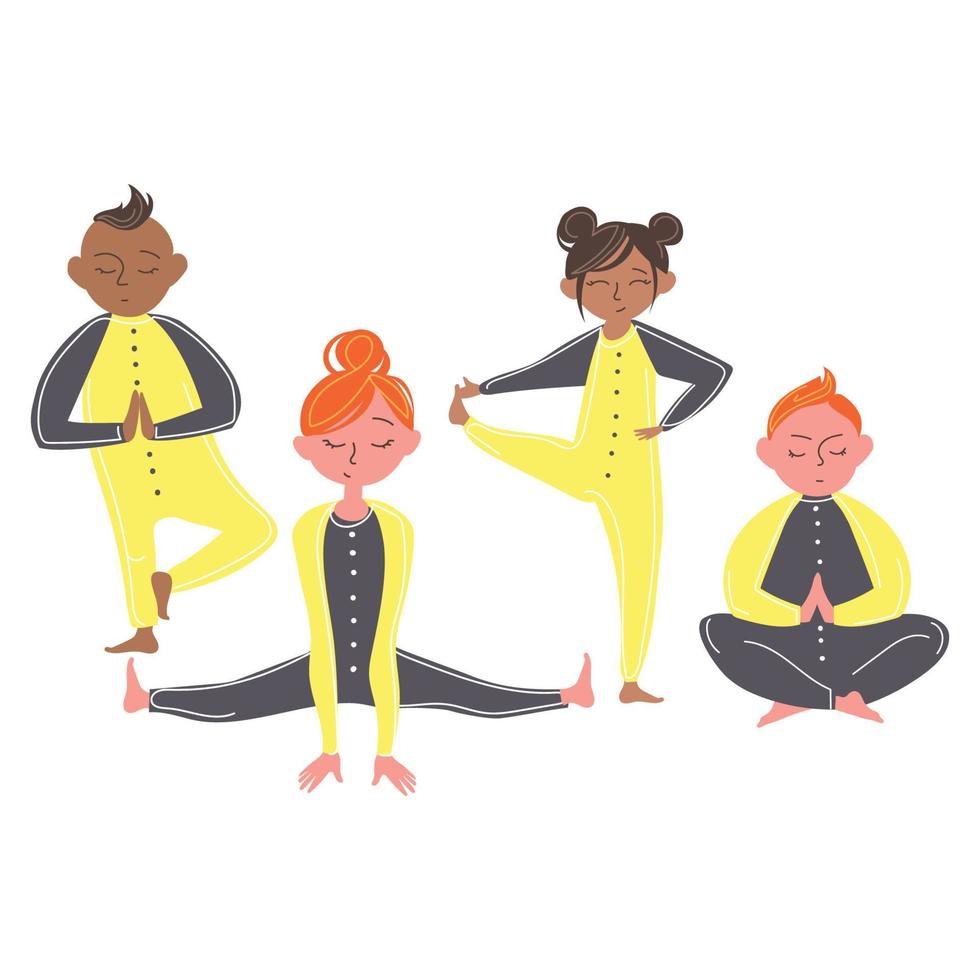 yoga barn koncept.barn av annorlunda hud Färg och annorlunda lopp håller på med yoga tillsammans vektor uppsättning i modern stil.sport flickor och Pojkar håller på med fysisk övningar.aktiva friska barndom
