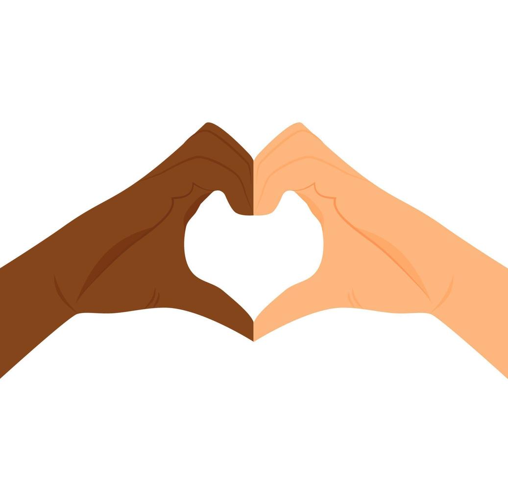 Nein zu Rassismus. Herzform mit den Händen. Freundschaft zwischen Menschen. Diskriminierung stoppen. schwarze und weiße Haut. Hände der Liebe. Gemeinsam gegen Rassismus. Symbol der Liebe. isolierte Arbeit. Vektor