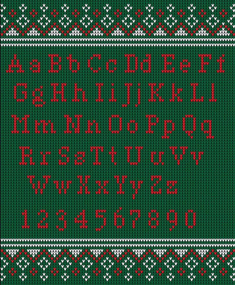 Weihnachtsschrift. Gestricktes lateinisches Alphabet auf nahtlosem Strickmuster mit Schneeflocken und Tanne. nordisches Fair-Isle-Stricken, Winterurlaubspullover-Design. Vektor-Illustration. vektor