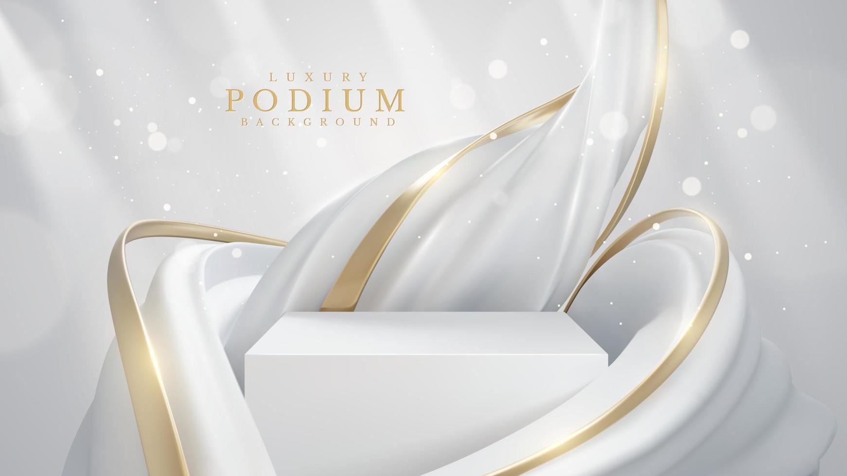 produkt visa podium med vit flytande element med gyllene kurva rader dekoration och glitter ljus effekt. realistisk lyx stil design. vektor illustration.