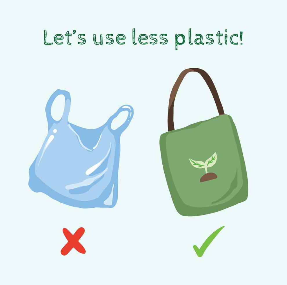 Lassen Sie uns weniger plastische Vektorillustrationszeichnungen verwenden. Verwenden Sie mehr Einkaufstaschen oder wiederverwendbare Taschen zum Einkaufen. flache artartillustration des karikaturvektors mit grünem thema. vektor