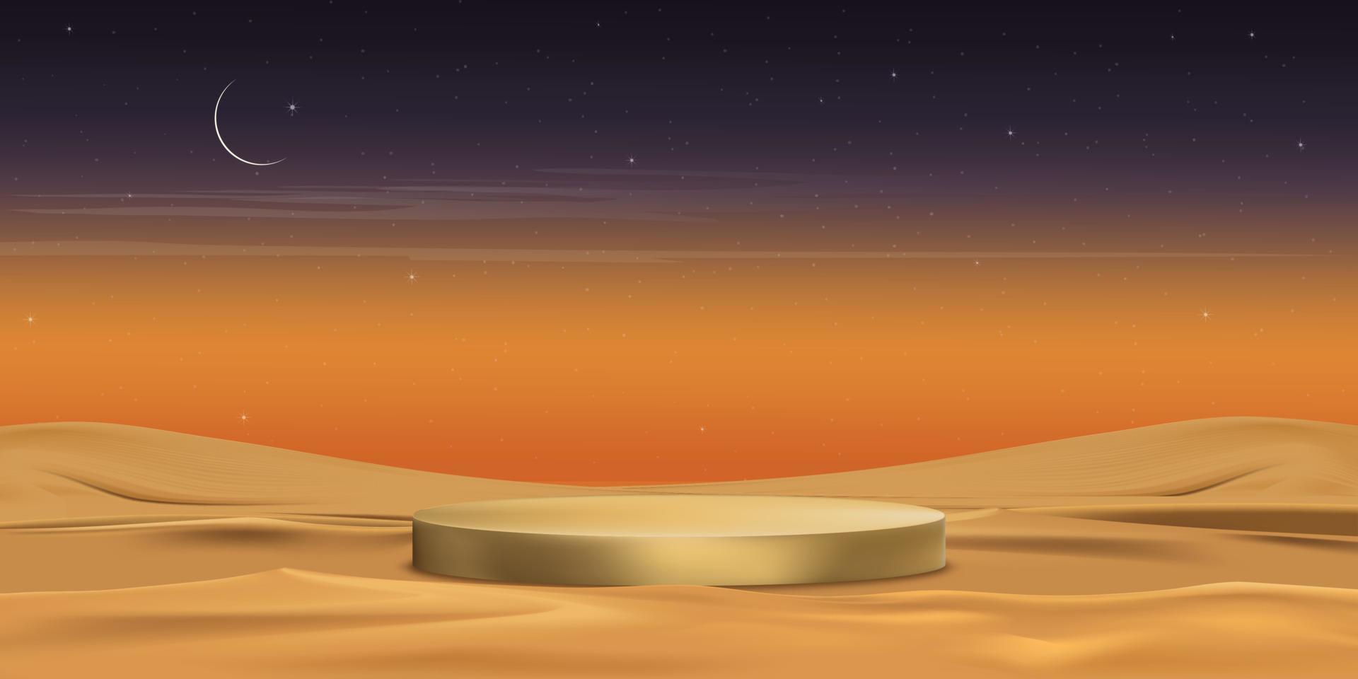 islamisches 3d-podium mit wüstenlandschaft mit sanddünen, halbmond, stern auf orangefarbenem sonnenunterganghimmelshintergrund, islamisches banner für produktpräsentation, ramadan, eid al adha, eid mubarak, eid el kabir vektor