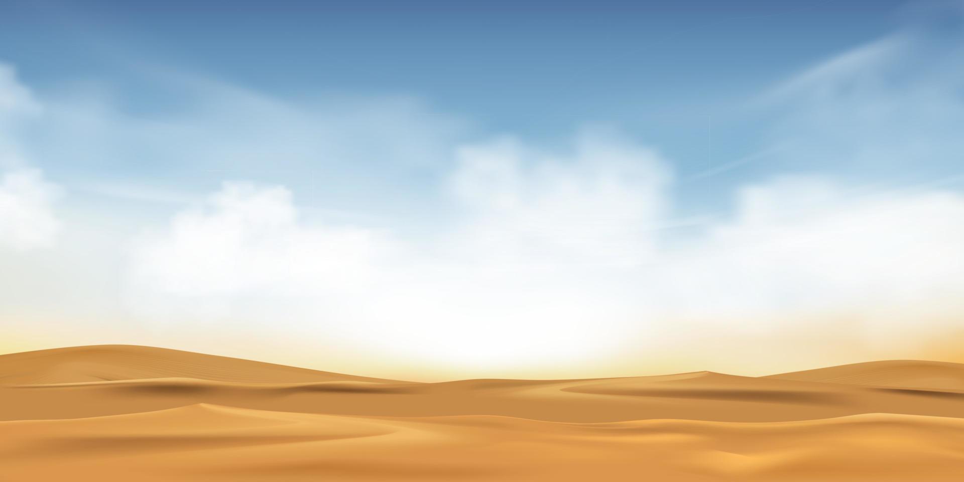blauer himmel mit flauschigen wolken und strandsand an heißen sonnigen tag sommer oder frühling, vektorillustration panoramische minimale karikatur schöne natur wüstenlandschaft sanddünen mit sonnenlicht am morgen vektor