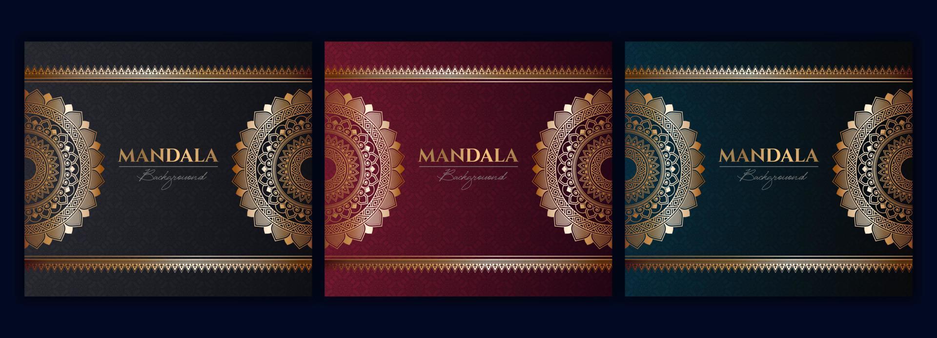 Satz von abstrakten Gold-Luxus-Mandala-Hintergrund-Vektor-Vorlagen, kreisförmige Zier-Arabesken-Muster für Poster, Cover, Broschüre, Flyer. roter, grüner, blauer hintergrund mit ethnischem blumenmandalaelement vektor