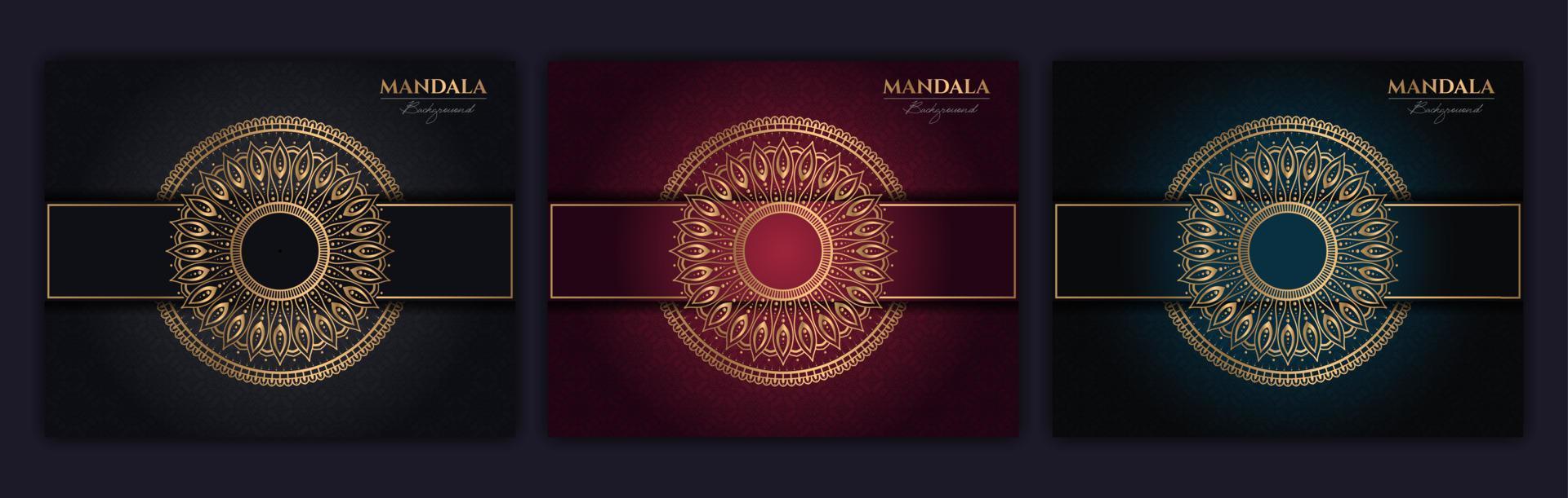 Satz von abstrakten Gold-Luxus-Mandala-Hintergrund-Vektor-Vorlagen, kreisförmige Zier-Arabesken-Muster für Poster, Cover, Broschüre, Flyer. roter, grüner, blauer hintergrund mit ethnischem blumenmandalaelement vektor