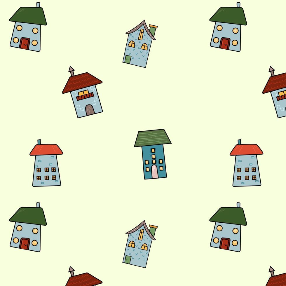 Muster der blauen Häuser. süße handgezeichnete häuser auf einem muster für textilien, hintergründe, tapeten, geschenkpapier, stoffe. vektor