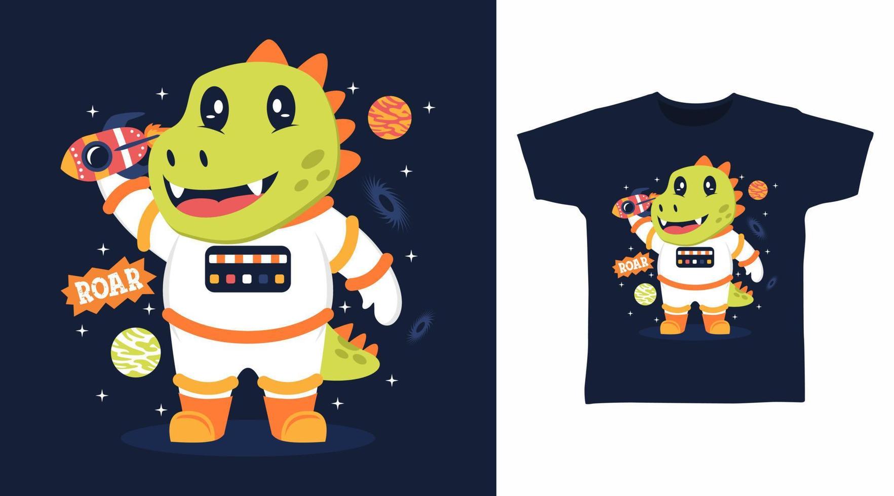 Astronauten-Dinosaurier-Cartoon-T-Shirt-Kunstdesign vektor