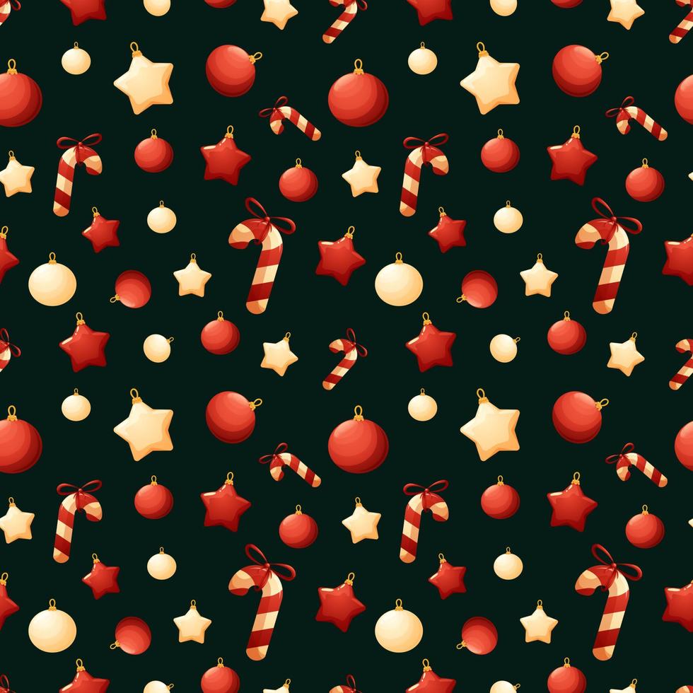 weihnachtsmuster mit lutschern und roten und weißen weihnachtsbaumspielzeugen auf dunkelgrünem hintergrund vektor