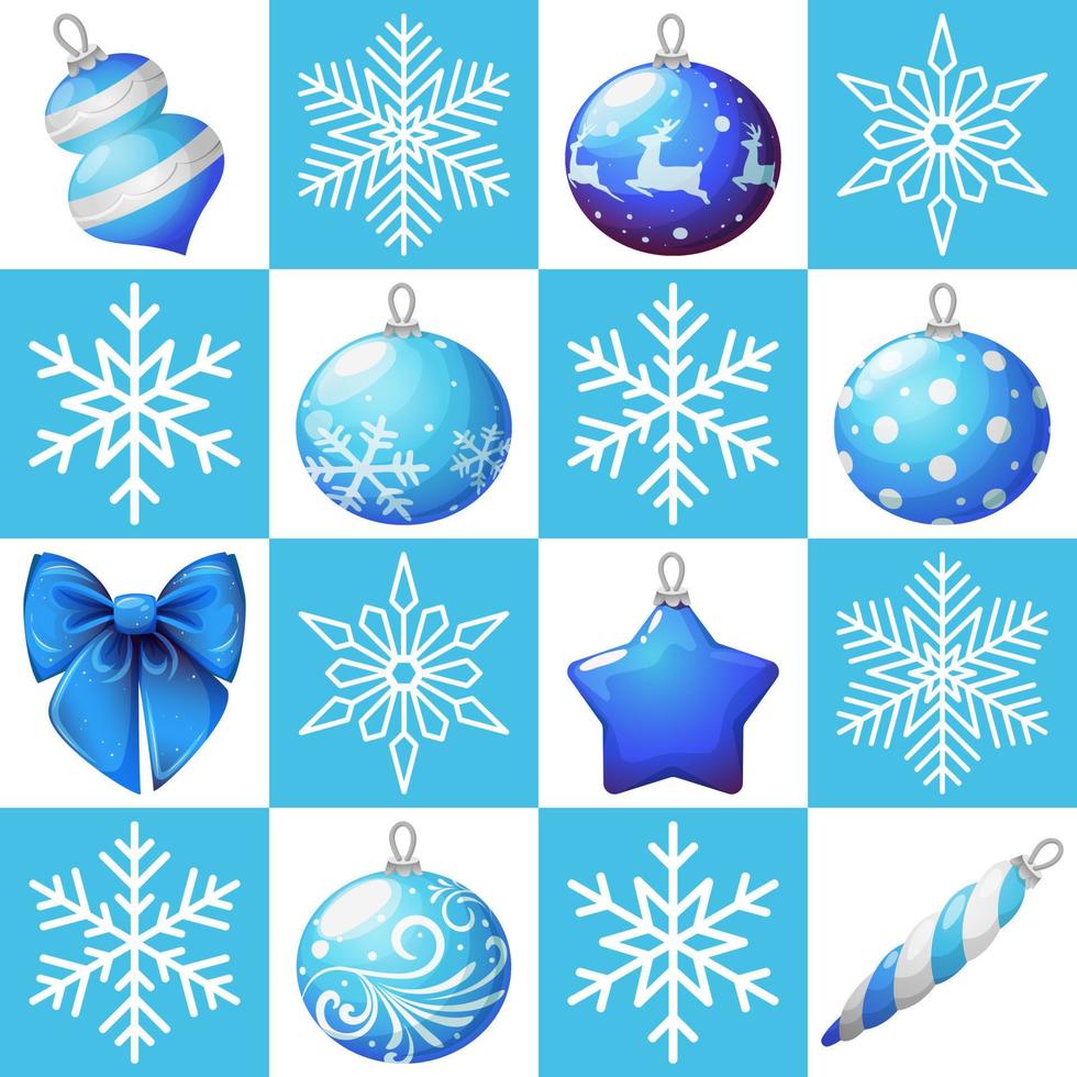 weihnachtsmustergitter 4 mal 4 blau und weiß mit weihnachtsbaumspielzeug im cartoon-stil vektor