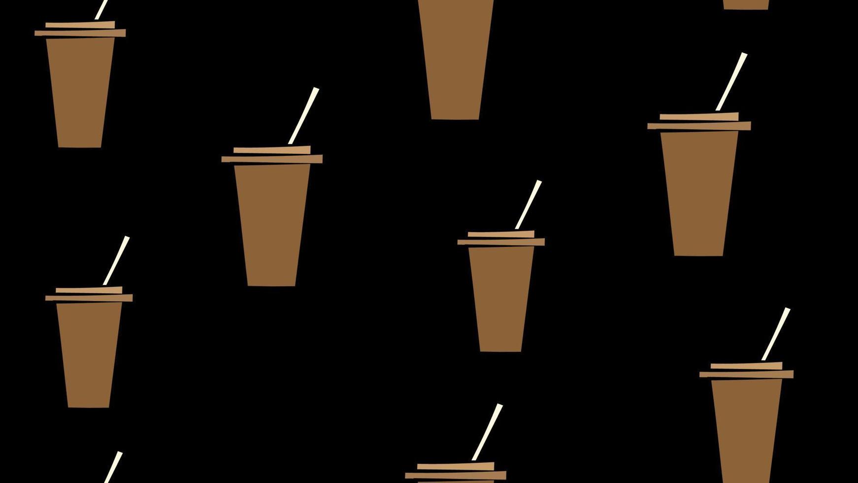 Cappuccinotasse mit Strohhalm. Kaffee-Themenkonzept. minimalistische Ikonen. farbige Vektorillustration. Cartoon-Stil, einfaches flaches Design. nahtloses Muster. schwarzer Hintergrund, Tapete vektor