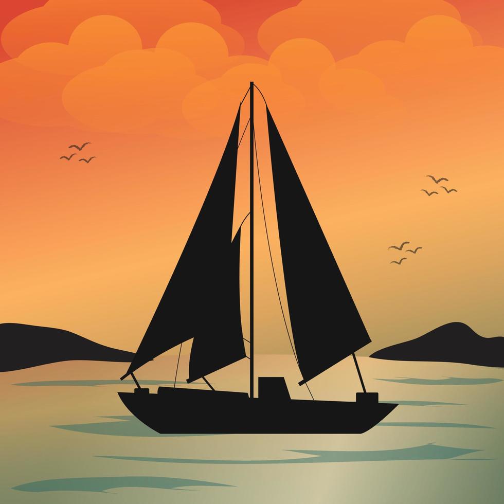 Segelboot-Illustration. Sonnenuntergang oder Sonnenaufgang am Meer. Boot am Ozean. Vektor-Illustration vektor