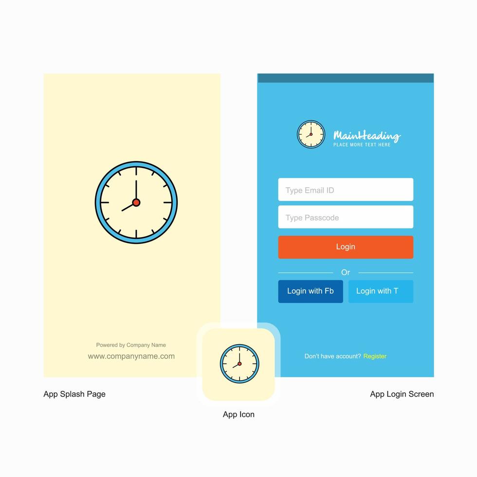 Startbildschirm der Firmenuhr und Design der Login-Seite mit Logo-Vorlage Mobile Online-Business-Vorlage vektor