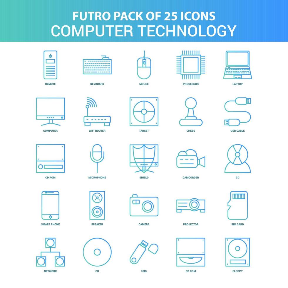 25 grüne und blaue Futuro-Computertechnologie-Icon-Pack vektor