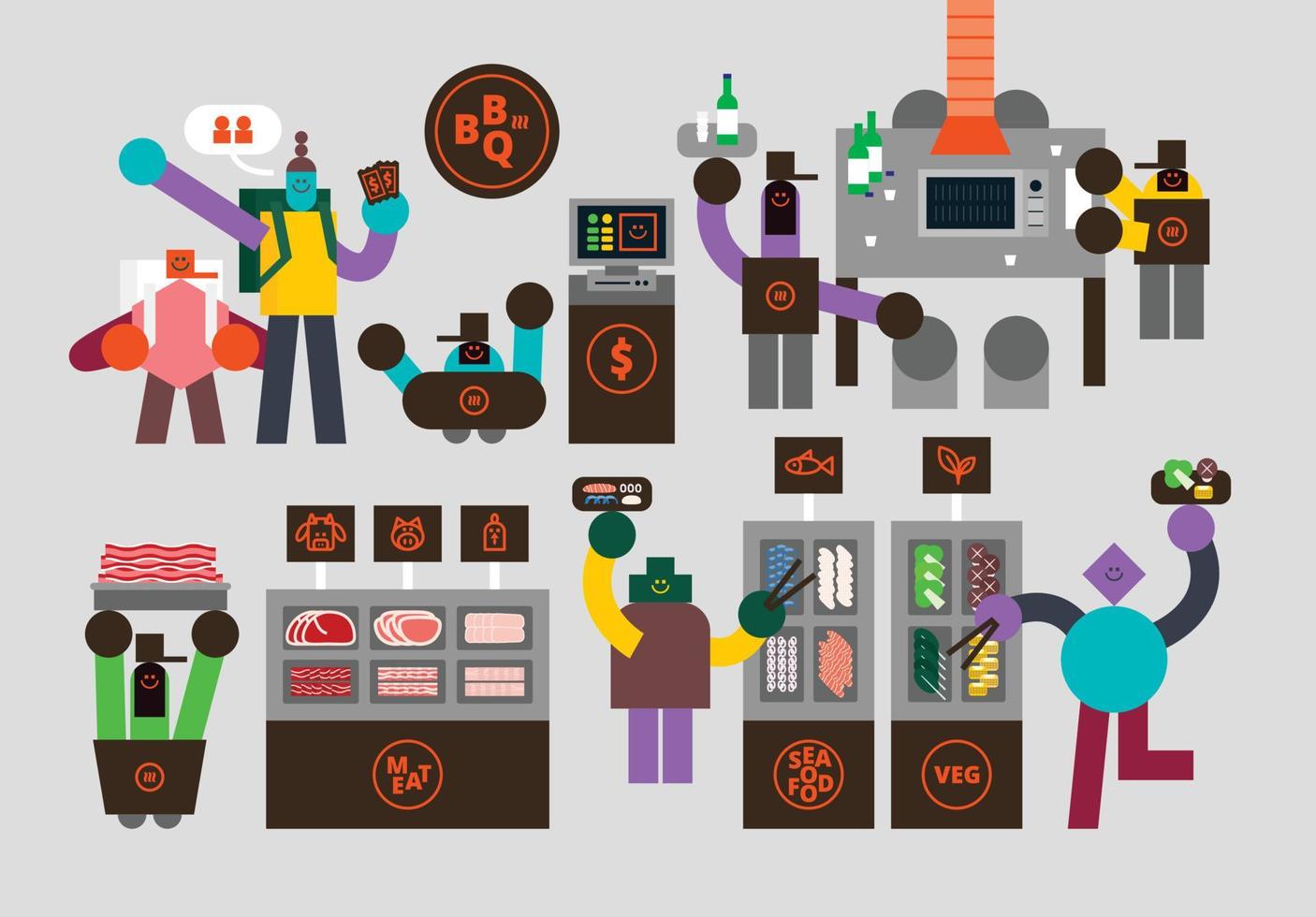 satz von teilzeitmenschen humanoiden im flachen geometrischen zeichendesign des grillrestaurants vektor