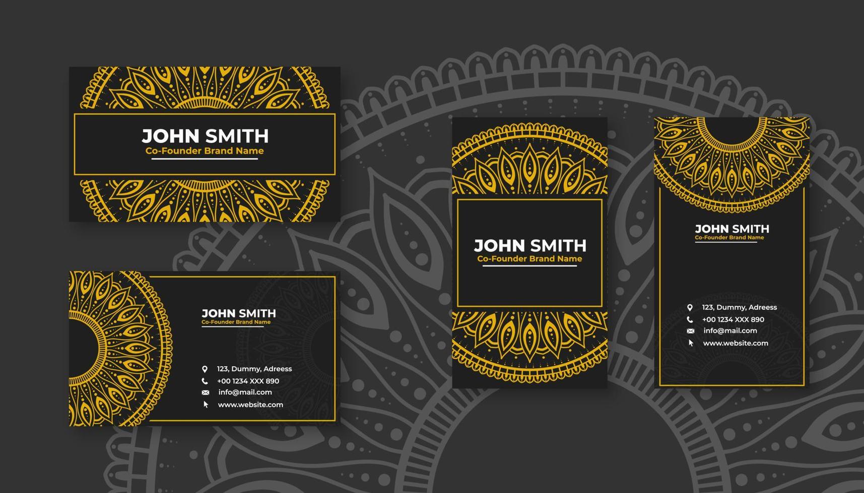 lyx svart företag kort med gul mandala dekoration mönster, ljus blommig dekorativ element vektor