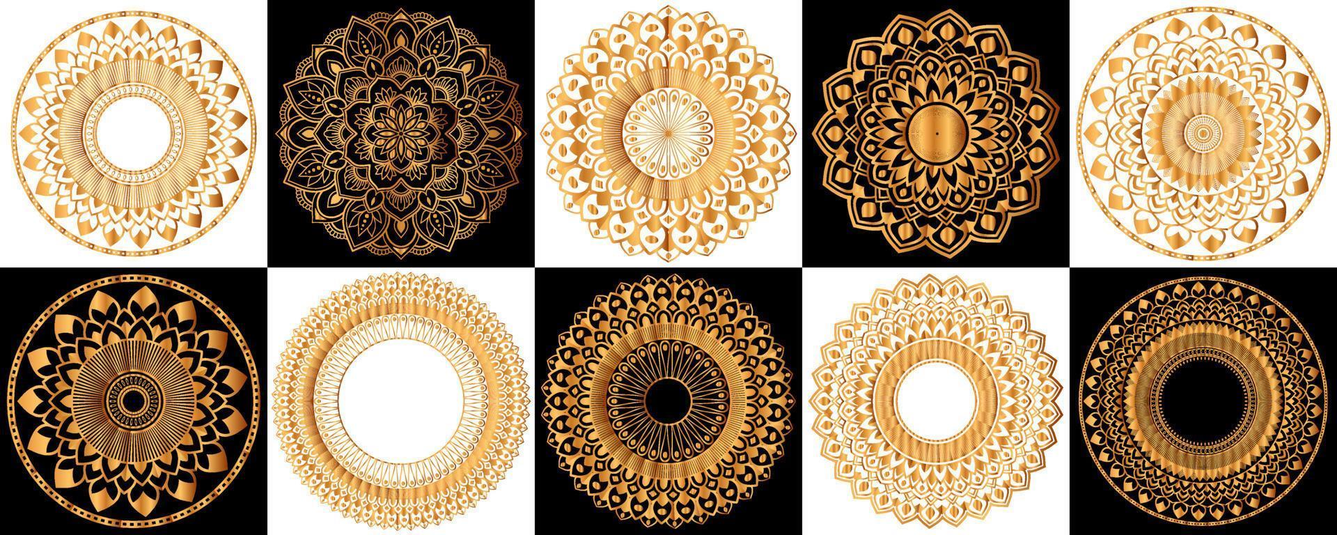 Set aus goldenen Zentangle-Mandalas, Mandala für Henna, Mehendi, Tätowierung, dekorative ethnische Zierelemente, orientalische Muster vektor