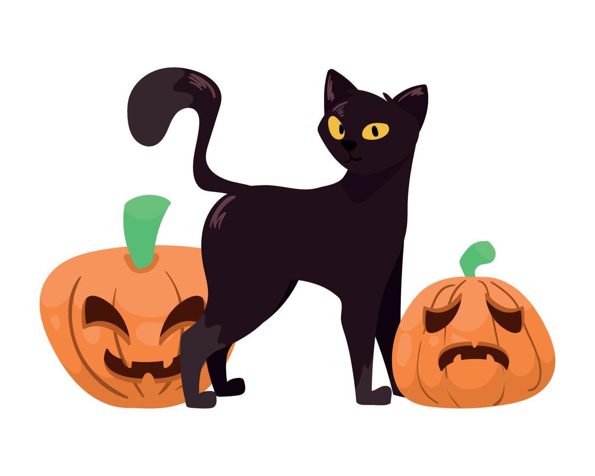 Halloween-Katze mit Kürbissen vektor