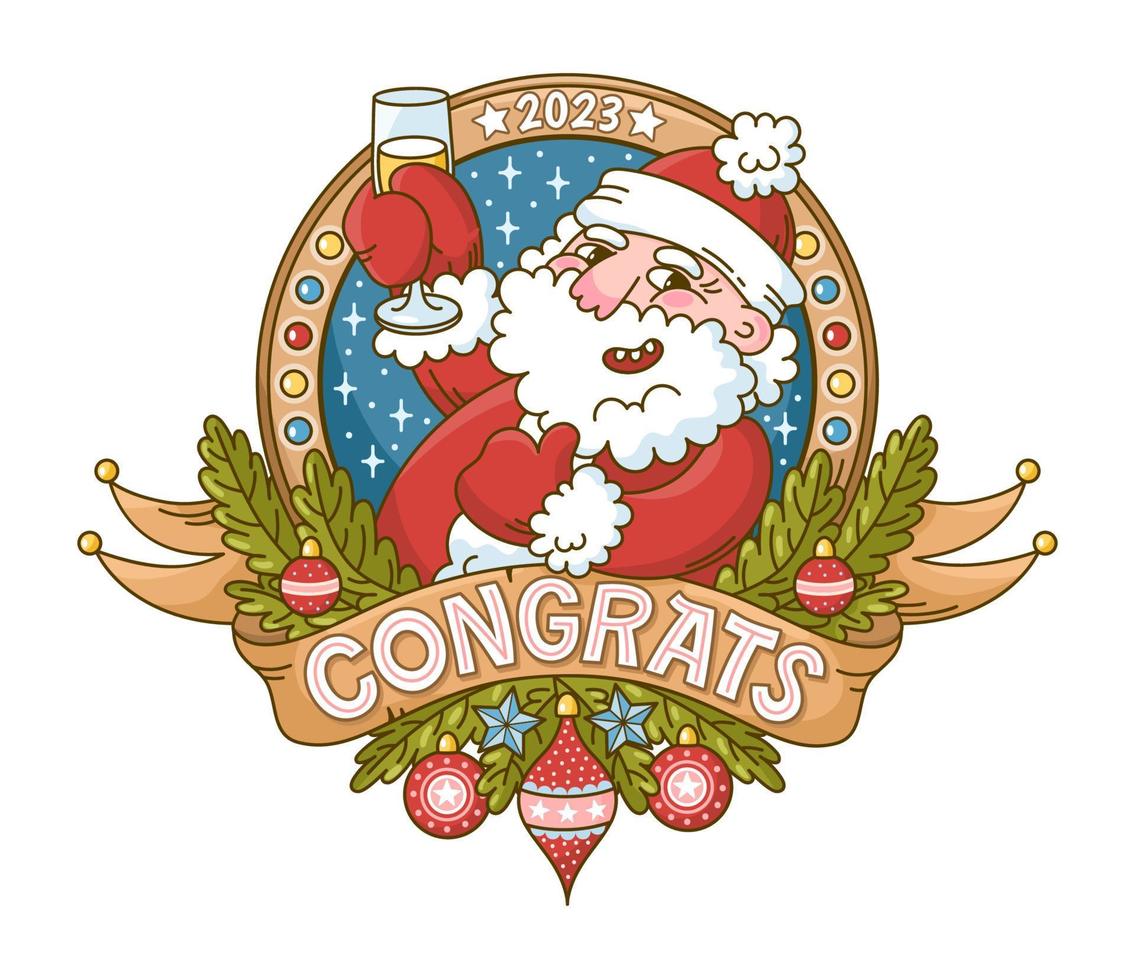 vektor logotyp design för ny år och jul. ritad för hand illustration med santa claus i retro tecknad serie stil med text, jul dekorationer, baner, och krans.