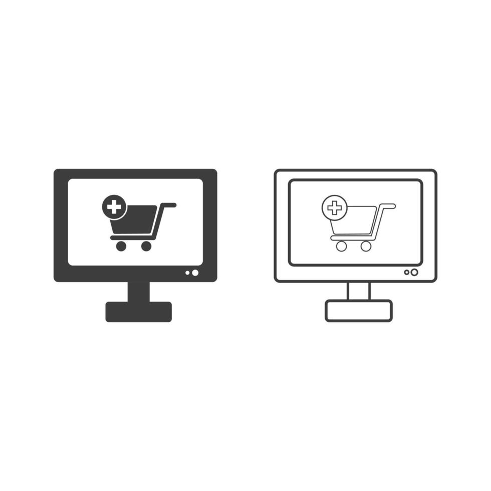 Online-Shopping auf Computer-Icons flaches Design oder Online-Shopping auf Computer-Icons. 2 Stil des Online-Shoppings auf dem Computersymbol isoliert auf weißem Hintergrund. vektor