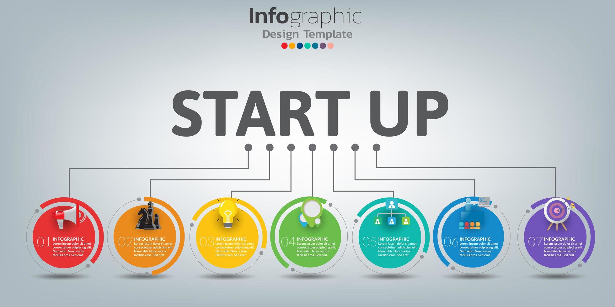 Infografik Zeitleiste Vorlage mit 7 Schritten bunte Kreise vektor