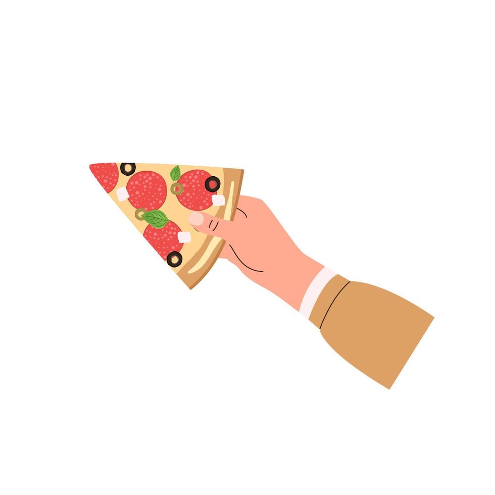 Italienische Fast-Food-Pizza mit Salami, Käse und Oliven. Dreieck Salami Pizzastück in der Hand isoliert auf weißem Hintergrund. Vektor-Illustration vektor