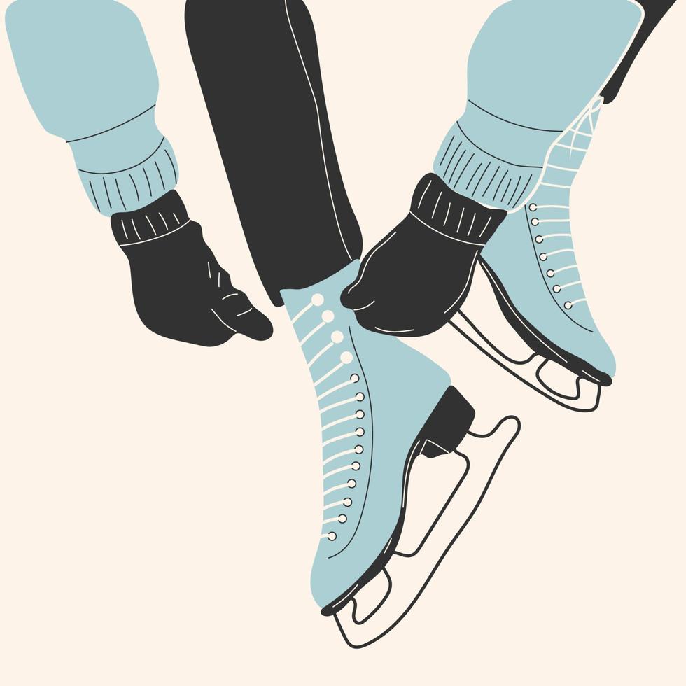 flickor i handskar sätter på par av vit is skridskor. figur skridskoåkning. kvinnors is skridskor. vinter- sporter. vektor illustration