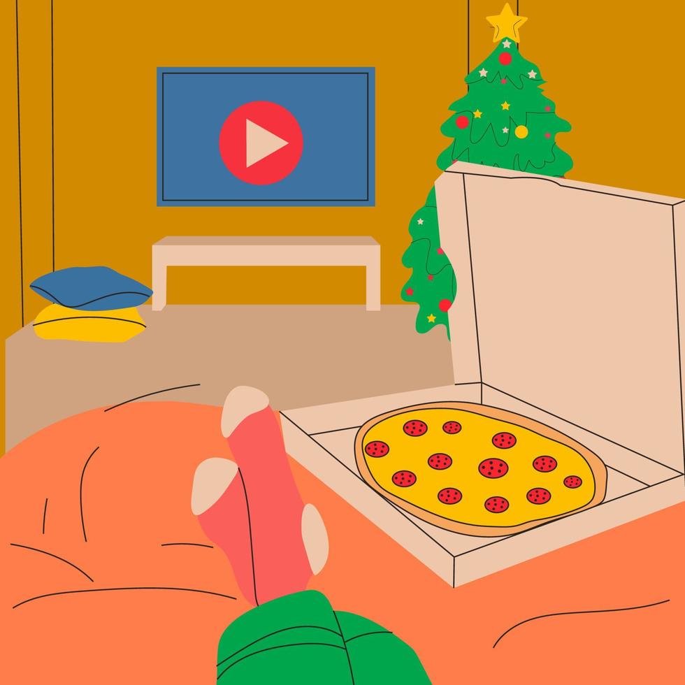 kvinna lögner på de säng och klockor serier på TV med pizza i henne söt rum. vektor
