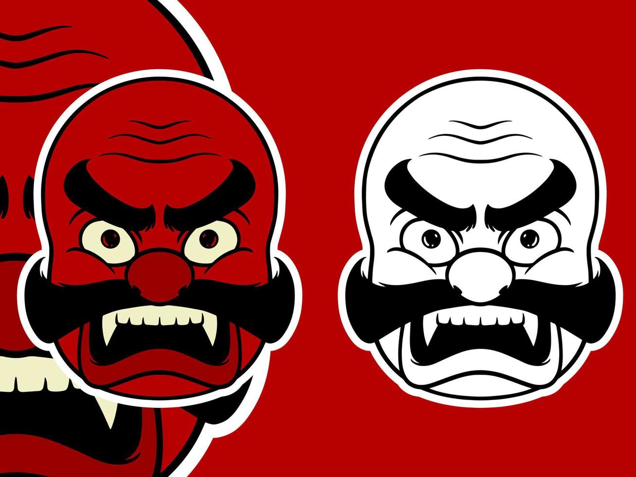 Zwei rot-weiße japanische Maskenelemente isoliert auf rotem Hintergrund. vektor
