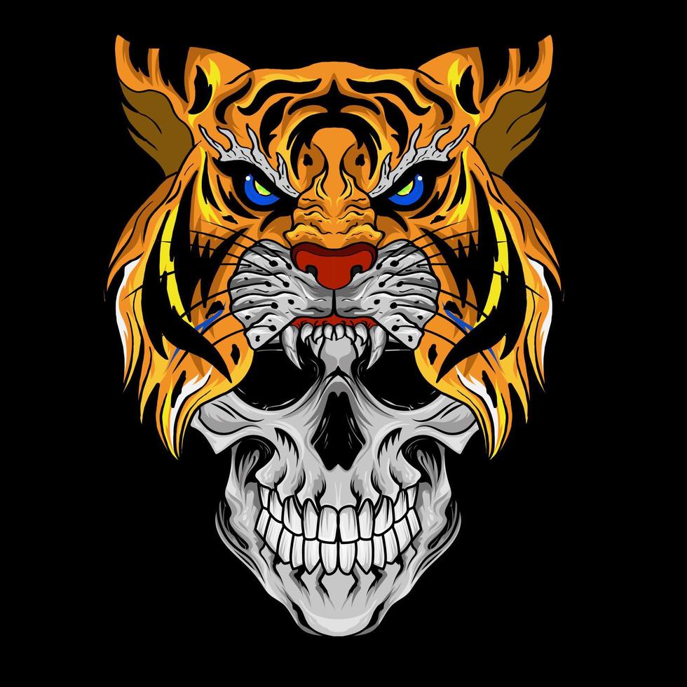 Schädel im Samurai-Helm-Tiger japanischer Schädel-Samurai-Kopf-Vektor-Illustration-T-Shirt-Design vektor