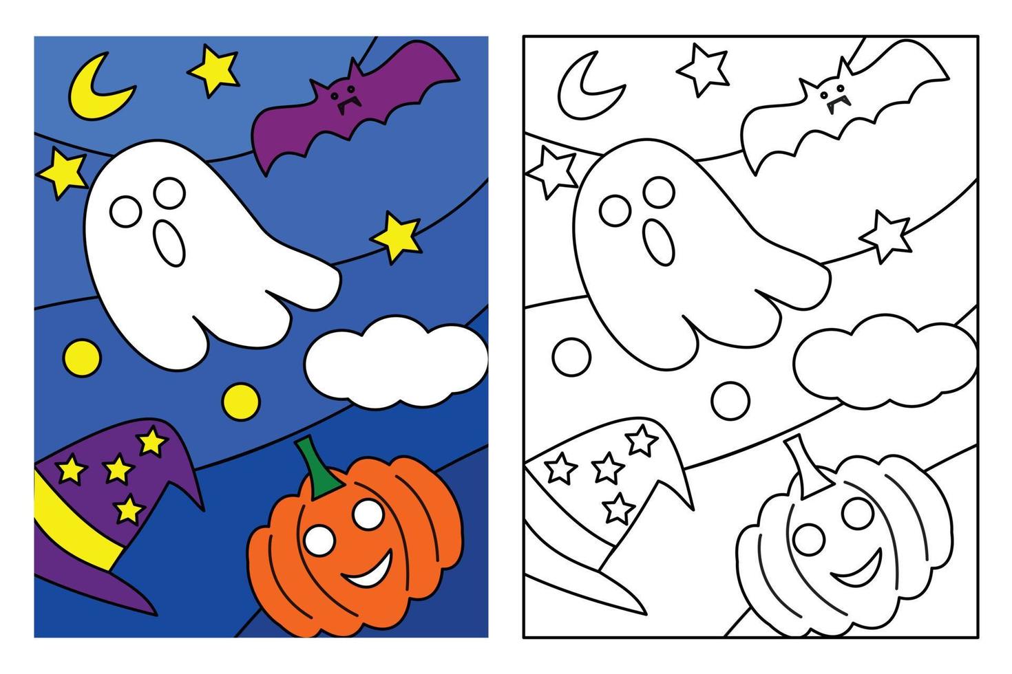 söt spöke, pumpor och himmel natt färg sida för barn teckning utbildning. enkel tecknad serie illustration i fantasi tema för färg bok vektor