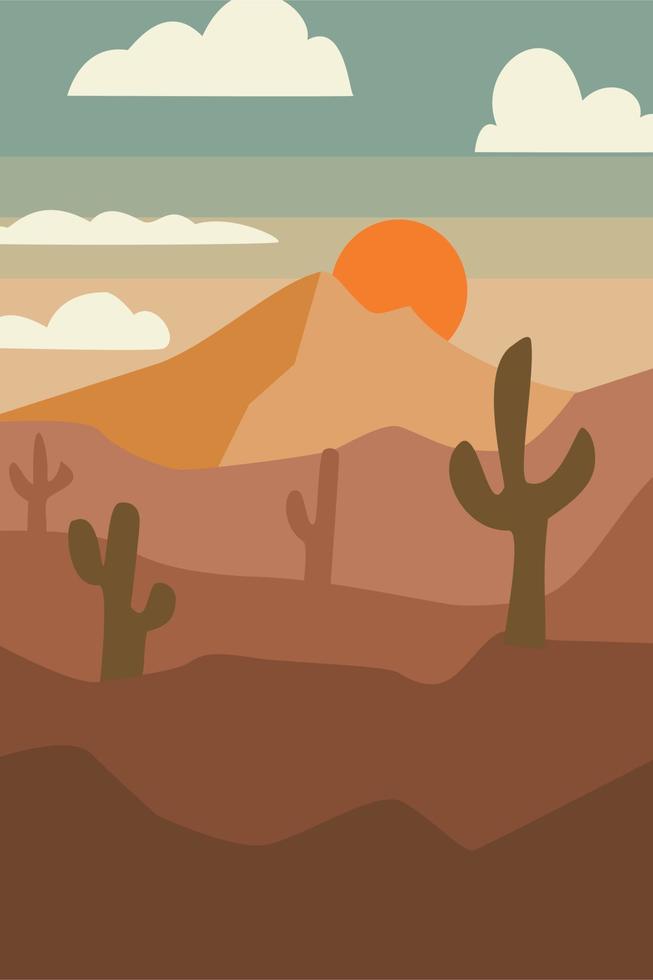 landskap öken- med solnedgång illustration i platt design stil vektor