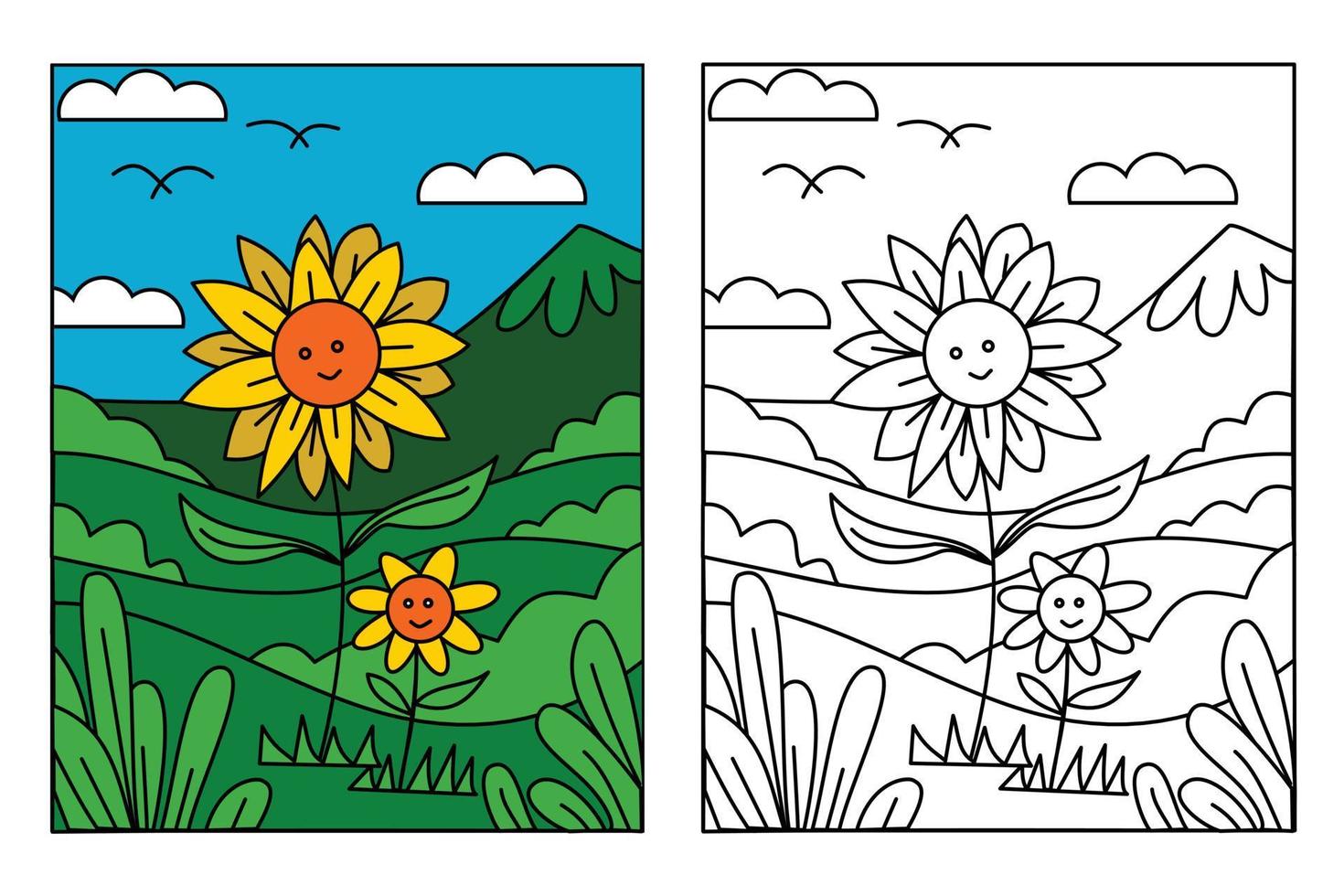 süße Sonnenblume in schöner Landschaft zum Ausmalen für Kinder, die Bildung zeichnen. einfache karikaturillustration im fantasiethema für malbuch vektor